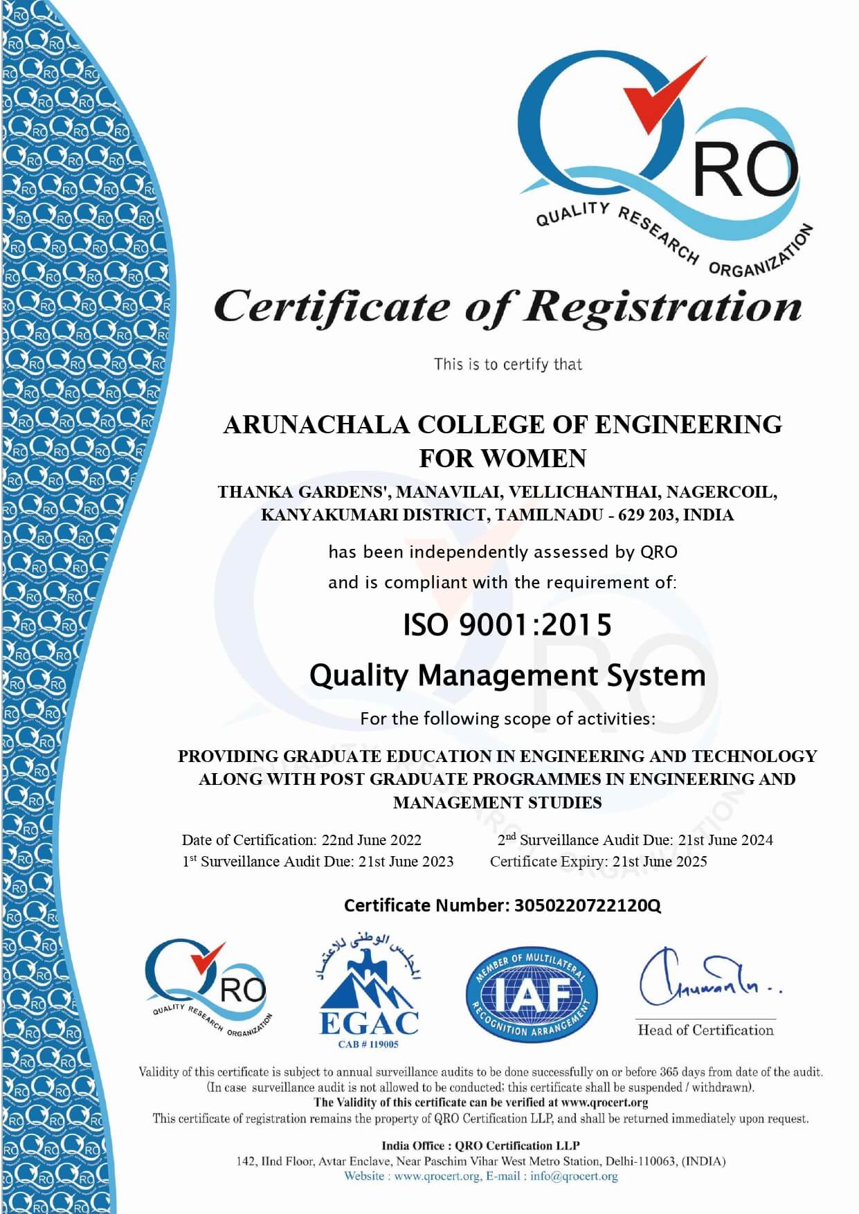 Arunachala College of Engineering for Women has received Iso 9001:2015 quality Management System award from quality research organization.